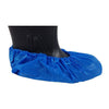Blue waterproof CPE disposable shoe cover worn over a black boot