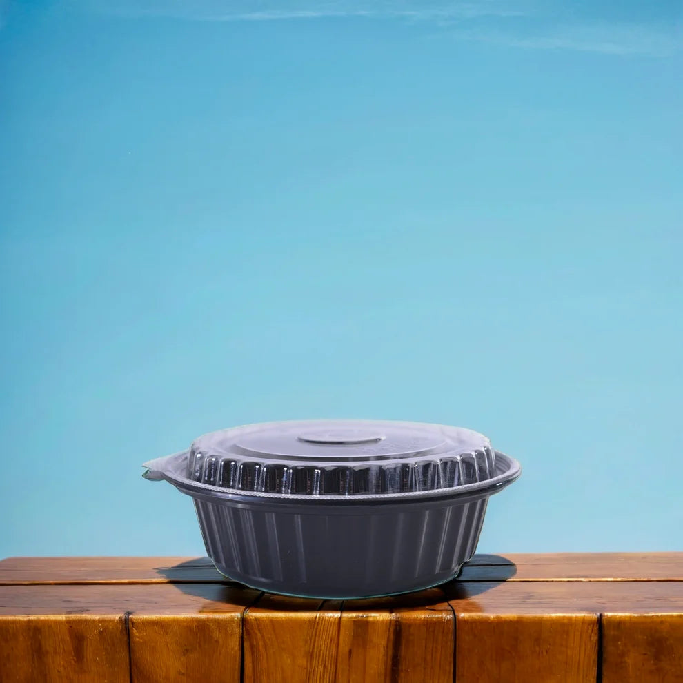 Round Black Microwave-Safe Food Containers with Lids – 16,24,32,36 oz (200/Case)