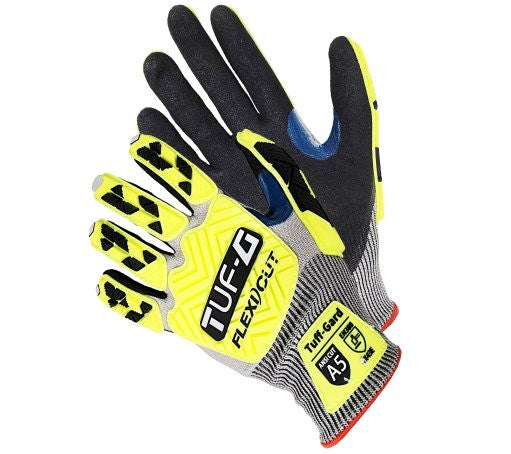 ANSI A5 cut resistant gloves with hi viz green TPR back