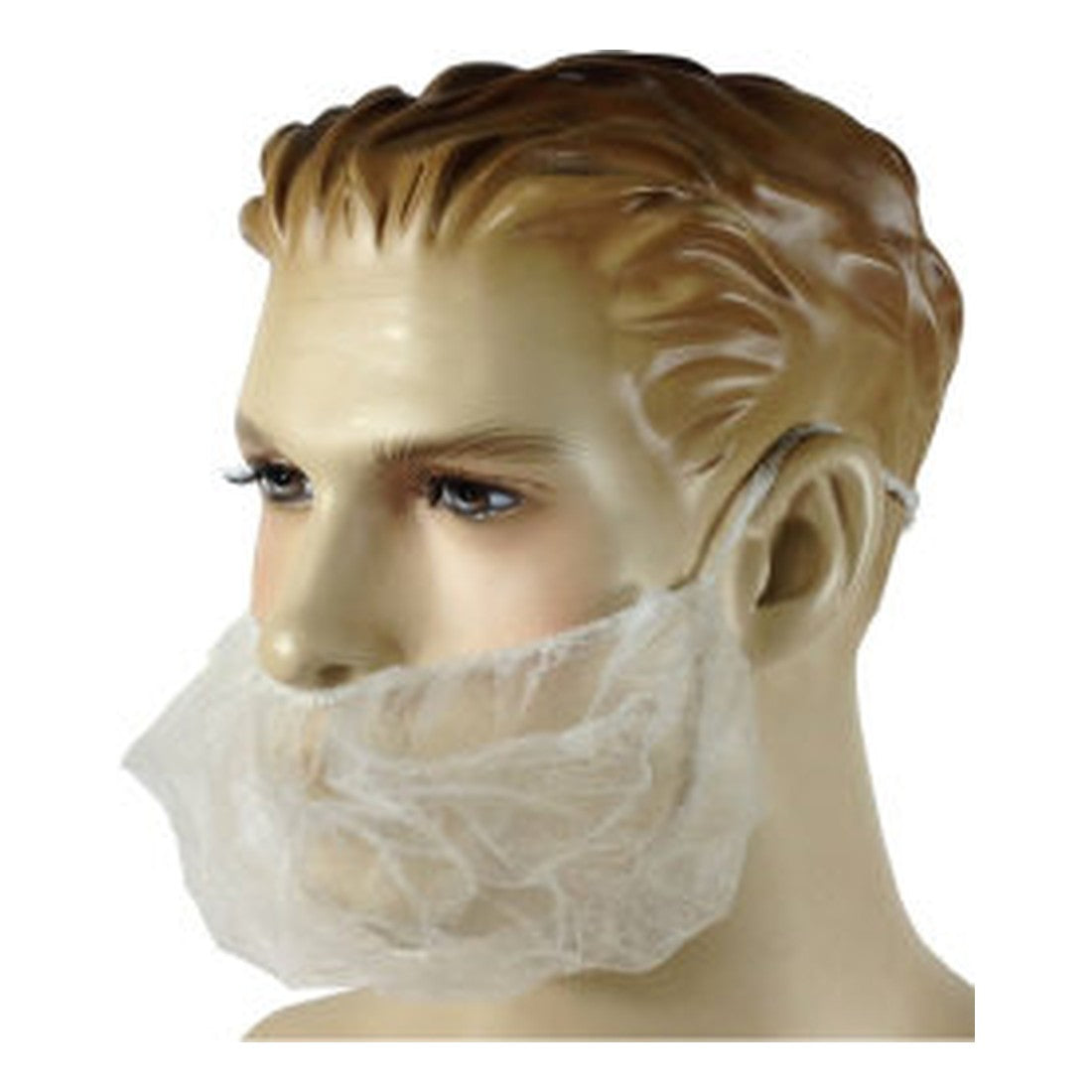 Polypropylene disposable beard cover on a mannequin
