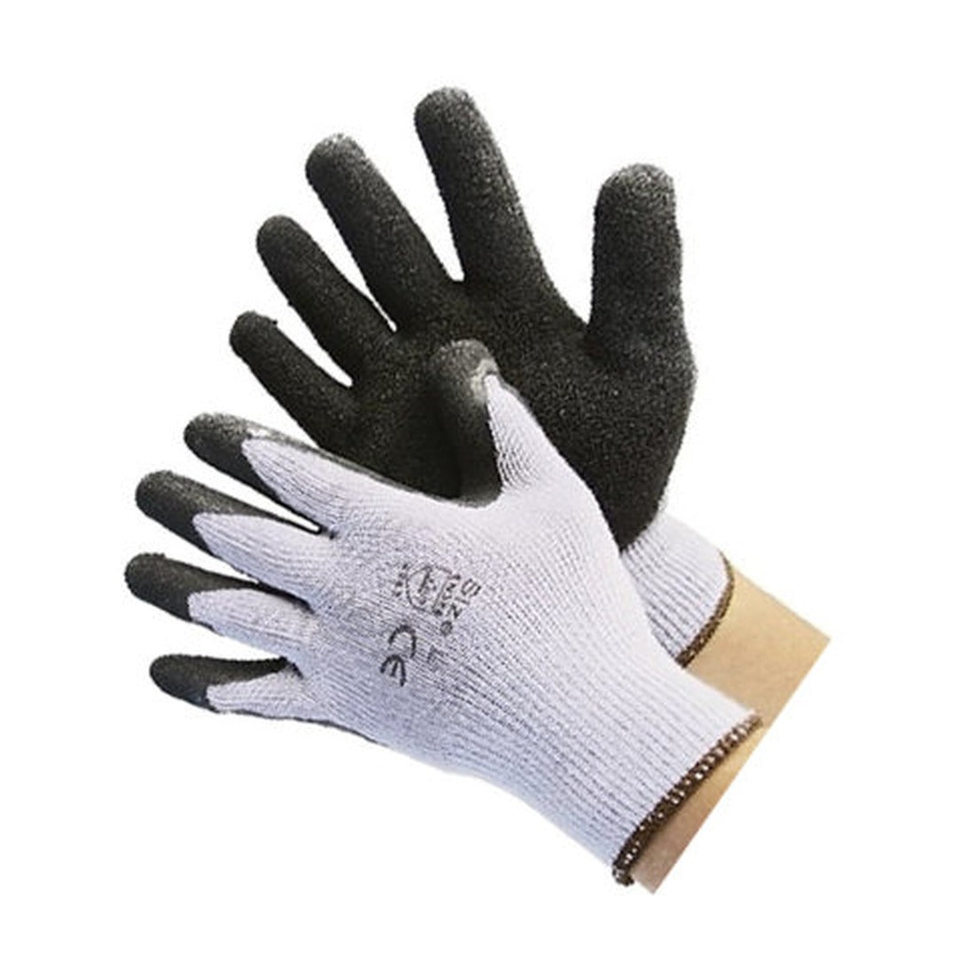 Grey string knit work gloves with black textured latex palm