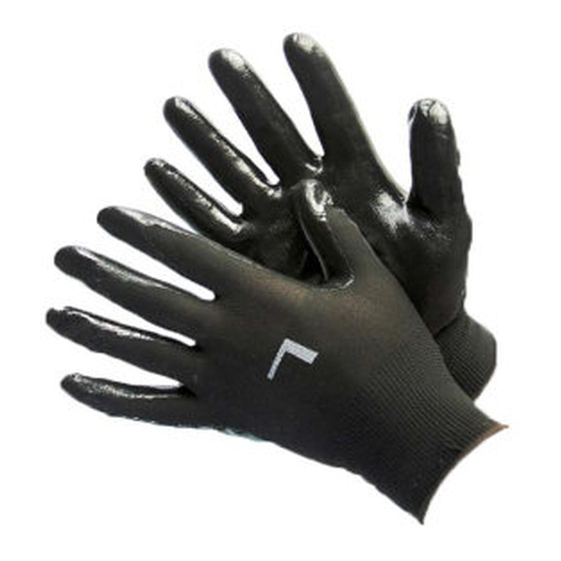 Black nitrile coated work gloves, 13 gauge polyester shell