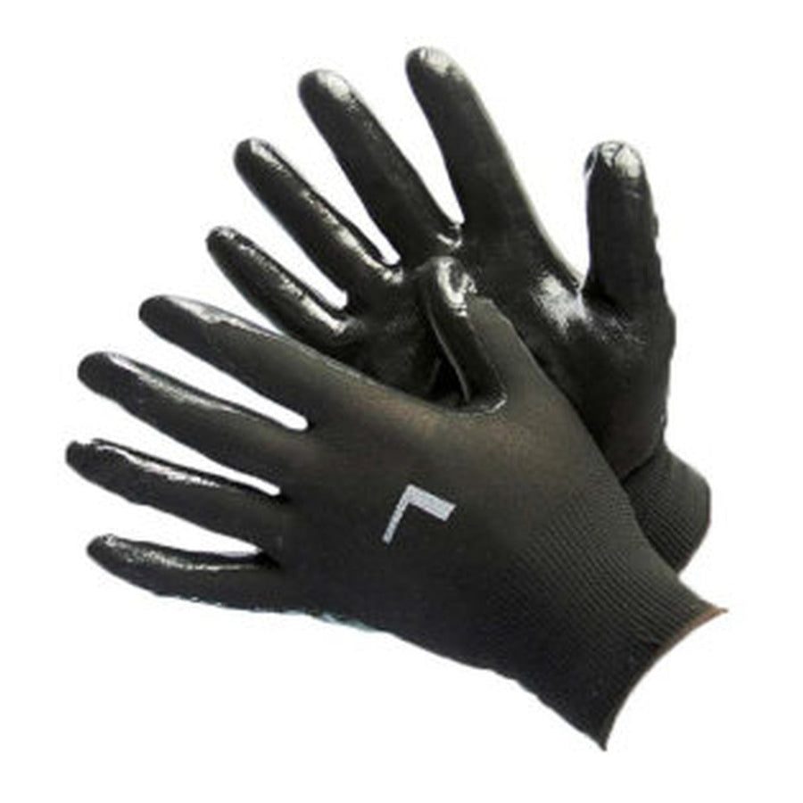 Black nitrile coated work gloves, 13 gauge polyester shell