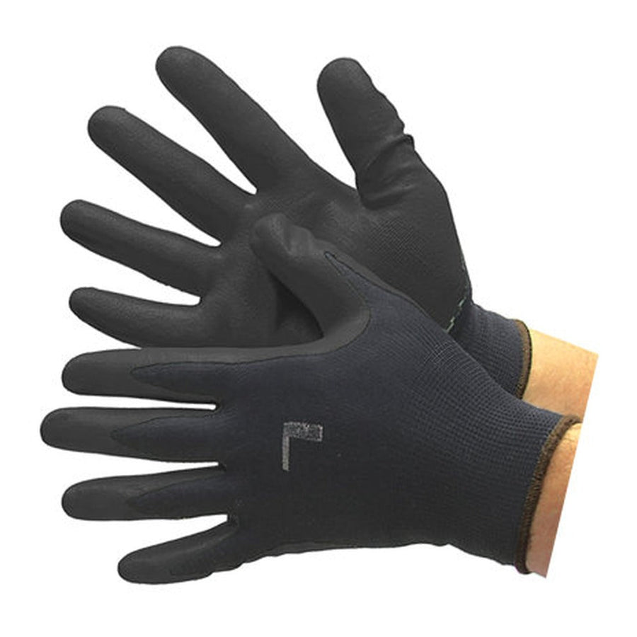 Black polyester work gloves with black foam nitrile palm