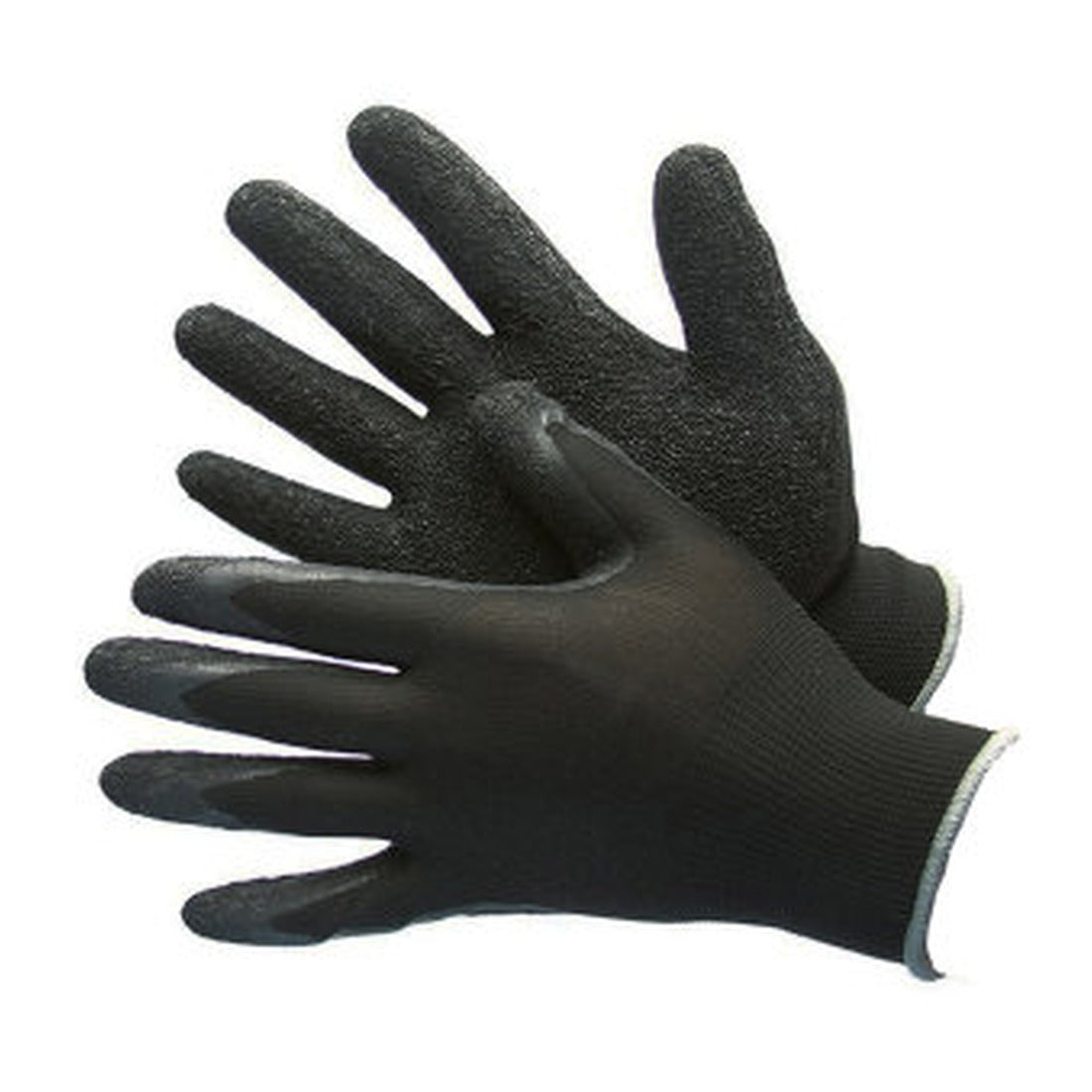 Black polyester work gloves with black textured latex palm