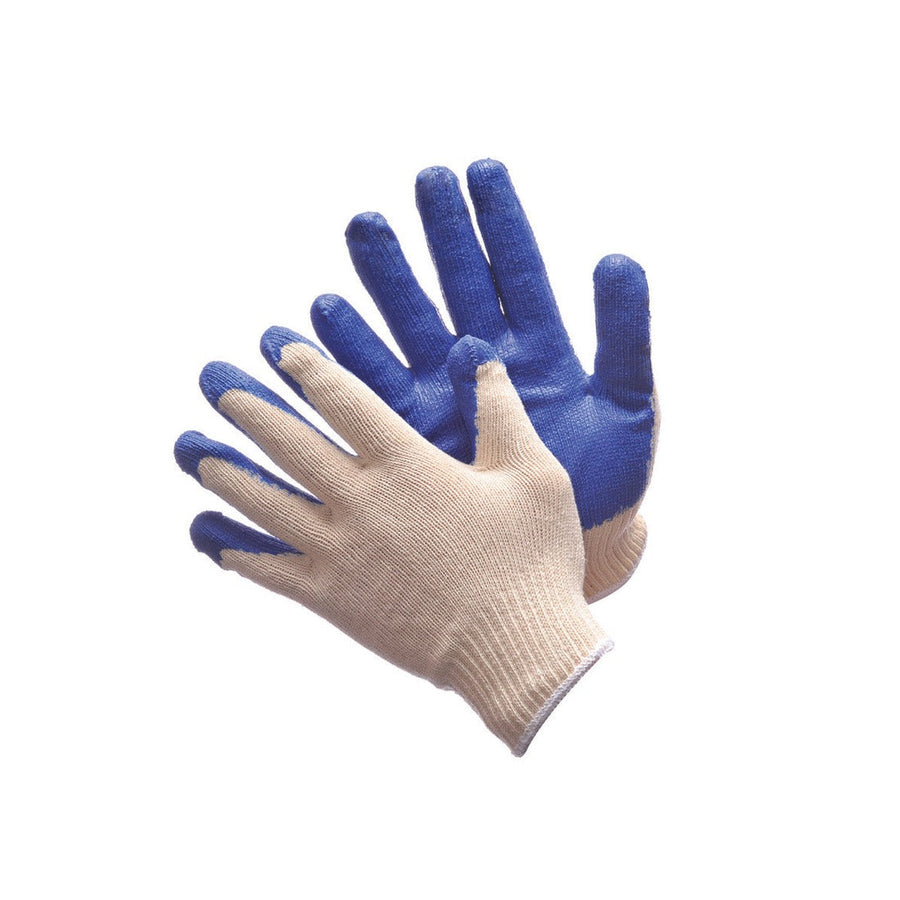 String knit work gloves with blue latex coated palm