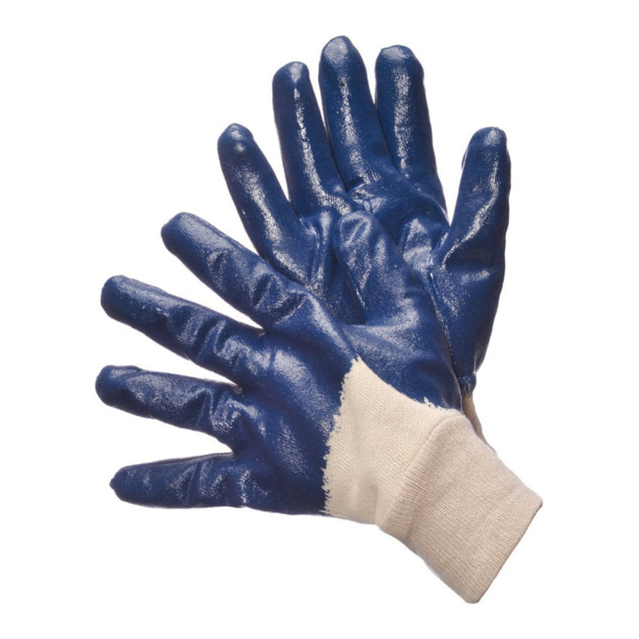 Blue nitrile fully coated work gloves with knit wrist