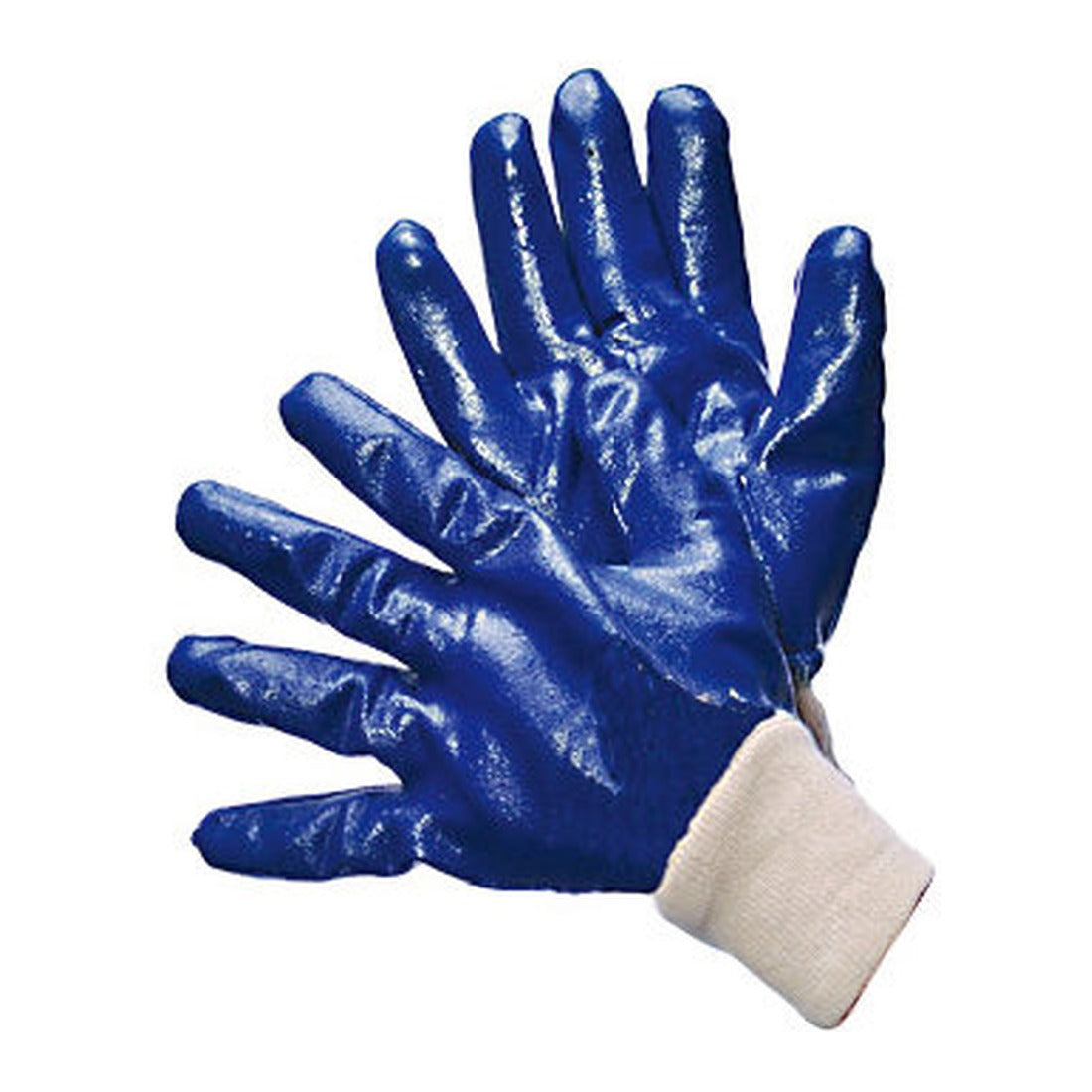 Blue nitrile coated work gloves with open back and canvas safety cuff