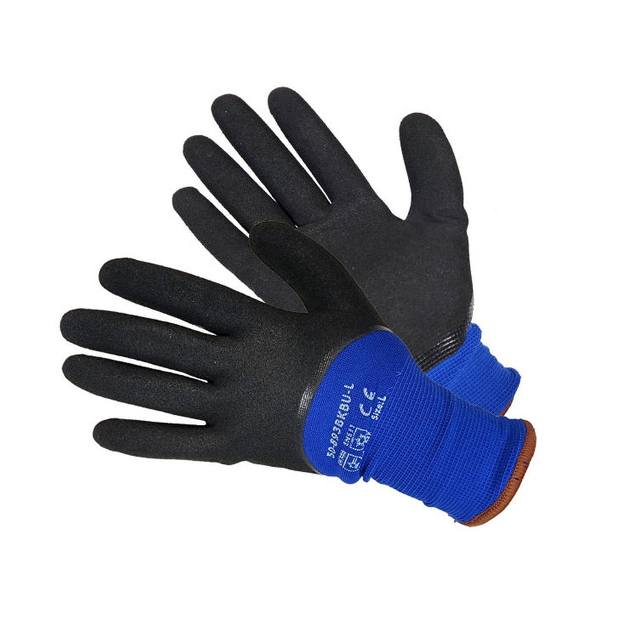 Blue winter work gloves with black nitrile coated palm and back