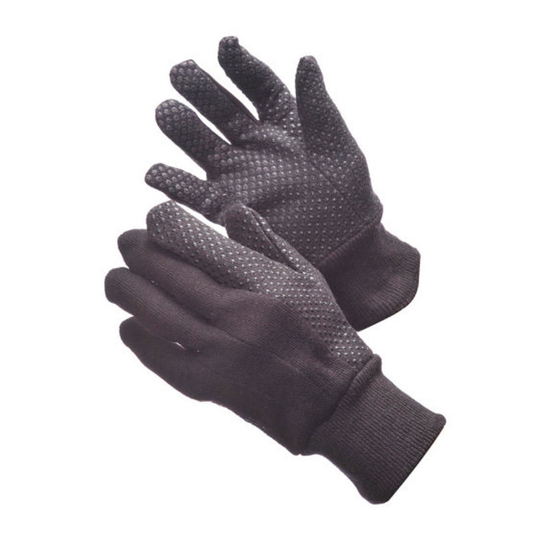 Brown jersey gloves with PVC dotted grip palm and knit wrist