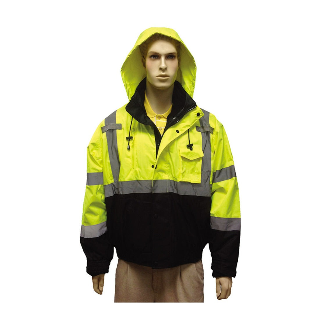 Lime Class 3 hi viz 3 in 1 safety jacket with hood and black bottom