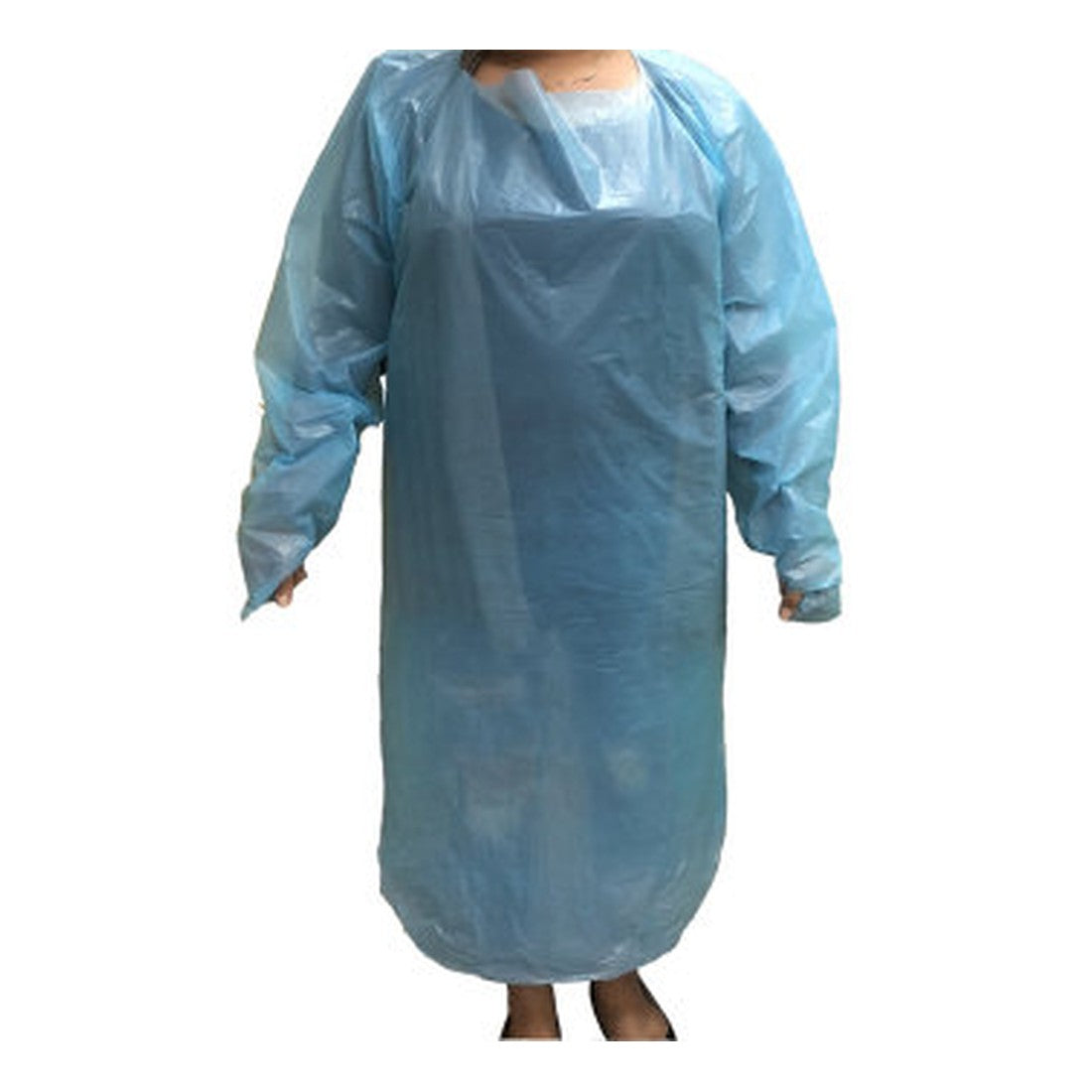 Blue CPE disposable gown with long sleeves and thumbholes