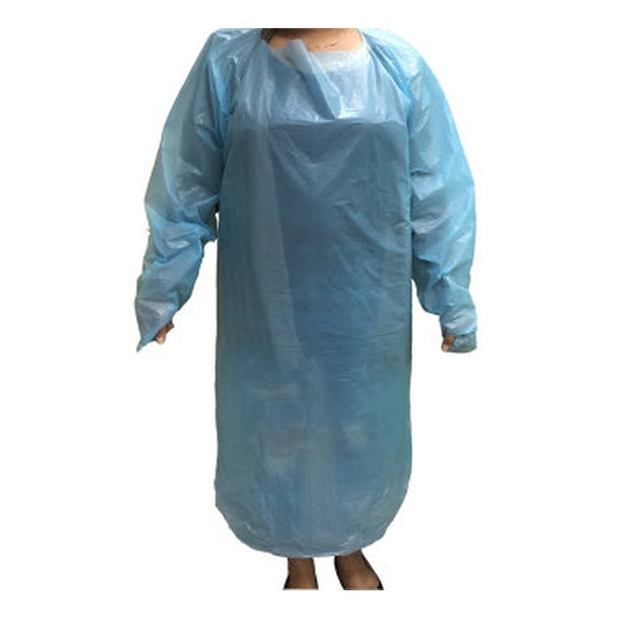 Blue CPE disposable gown with long sleeves and thumbholes