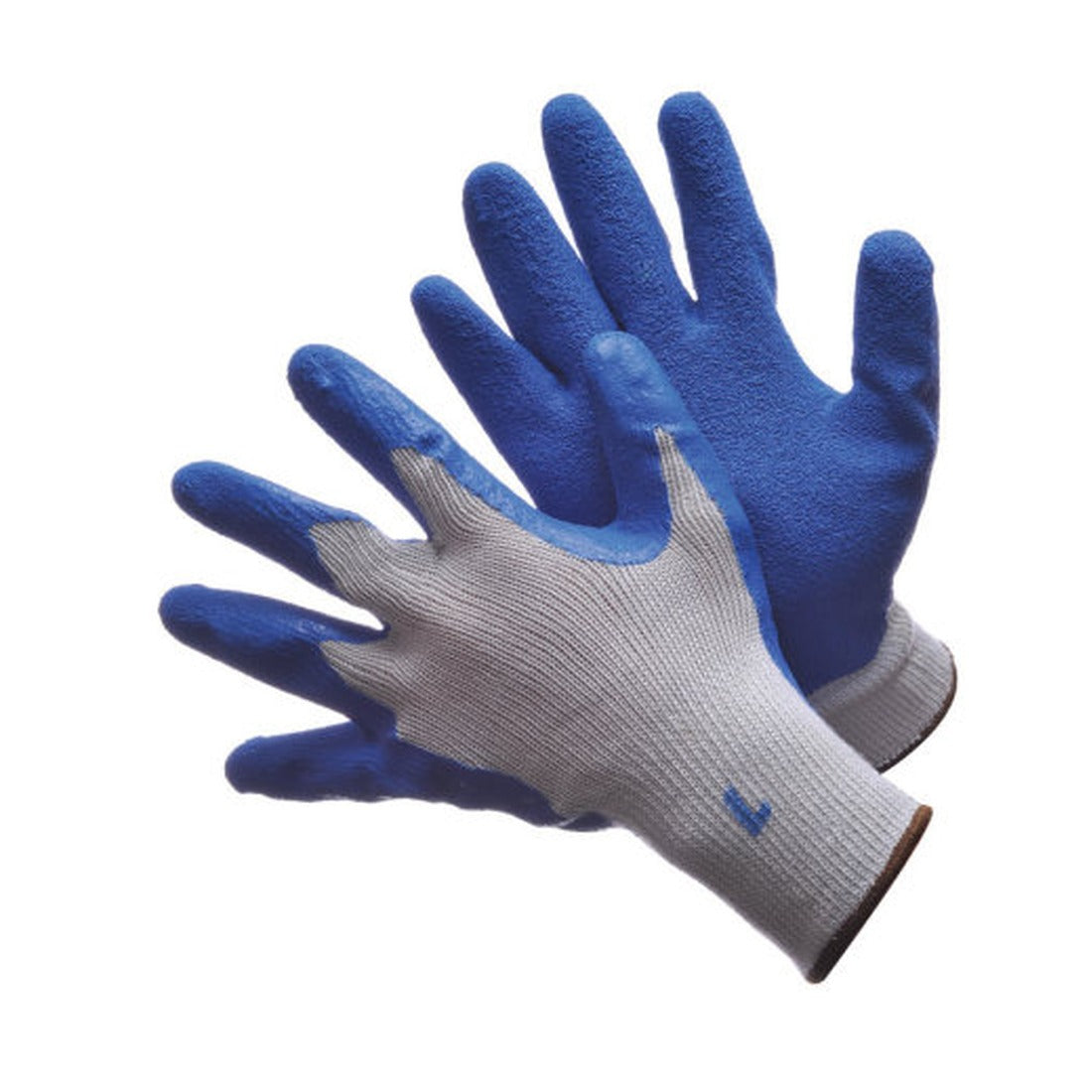 Latex coated work gloves, grey string knit with blue textured palm
