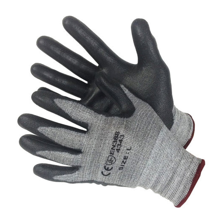 Cut resistant gloves with black foam nitrile palm coating