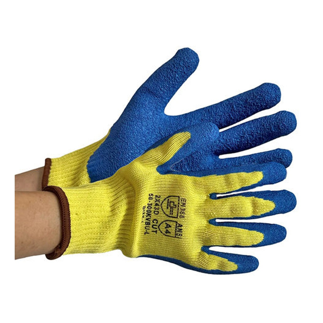 Cut resistant ANSI A4 gloves with blue textured latex palm