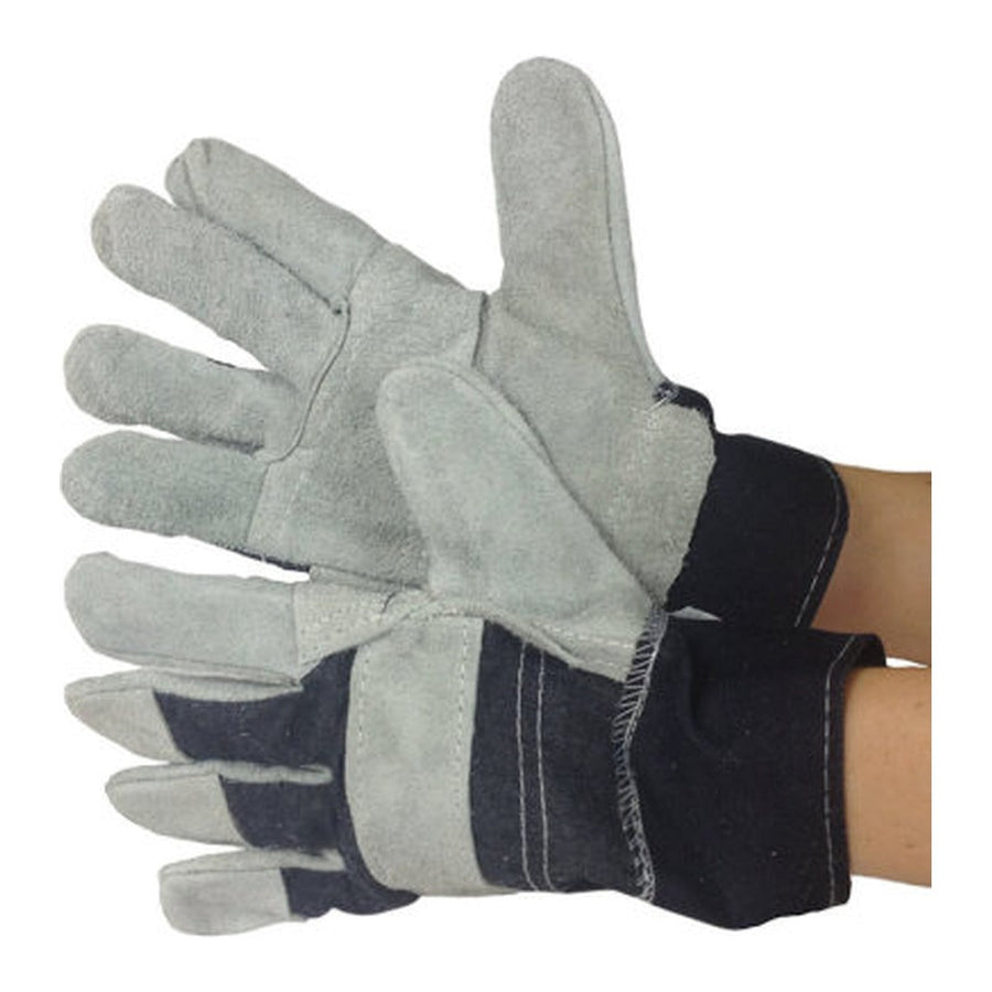 Split leather patch palm work gloves with denim back and knuckle strap