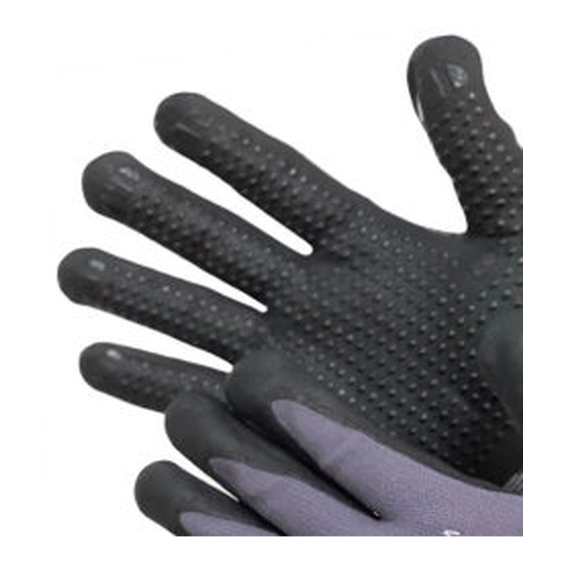 Grey nylon work gloves with dotted black micro foam nitrile palm