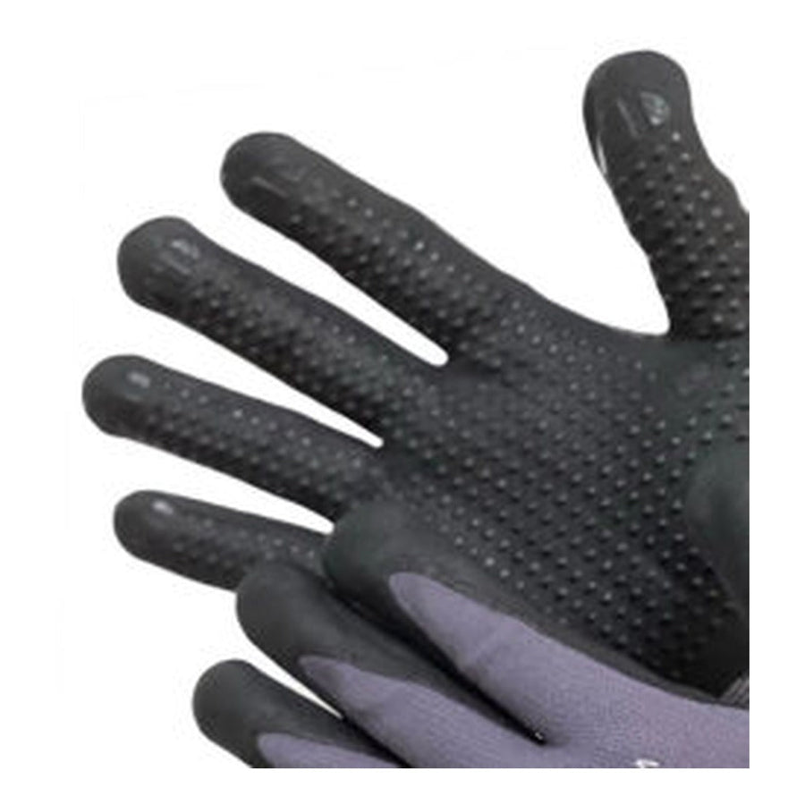 Grey nylon work gloves with dotted black micro foam nitrile palm