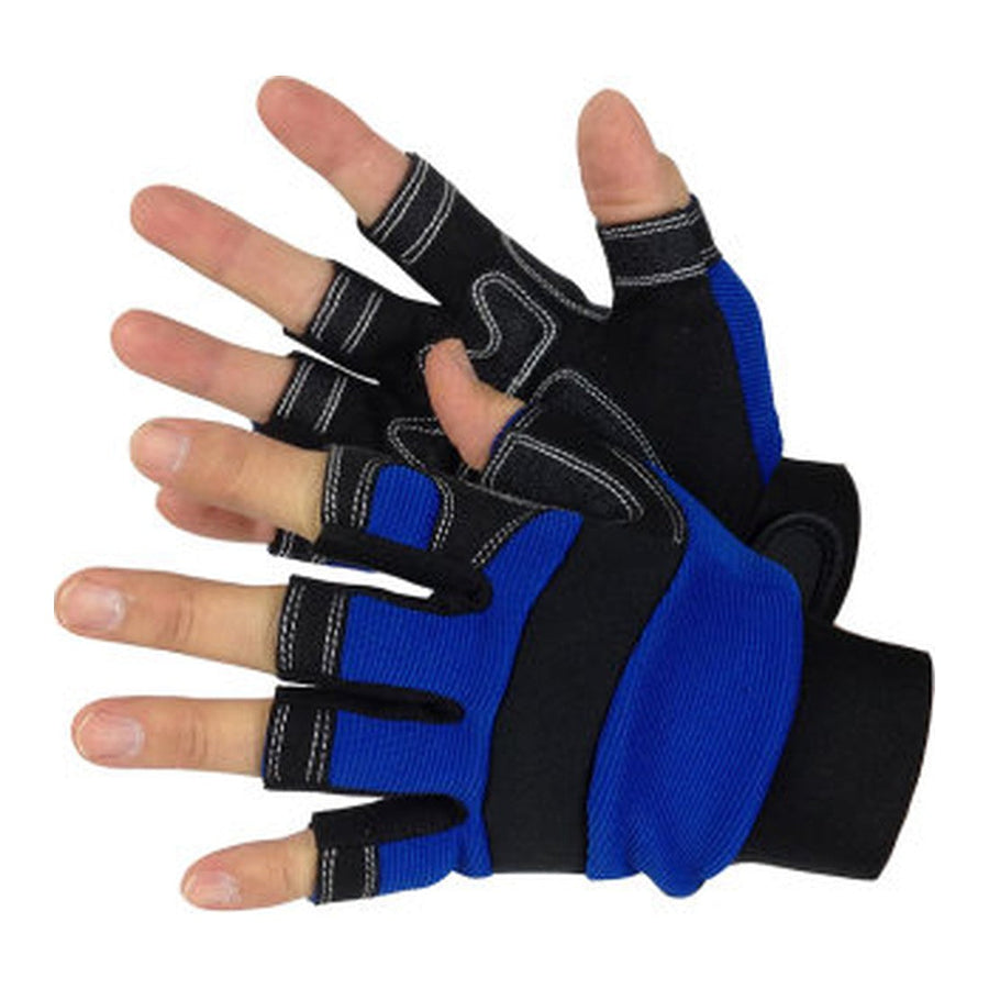 Blue fingerless synthetic leather mechanic gloves with spandex back