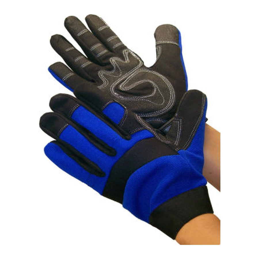 Blue full finger synthetic leather mechanic gloves with hook and loop wrist