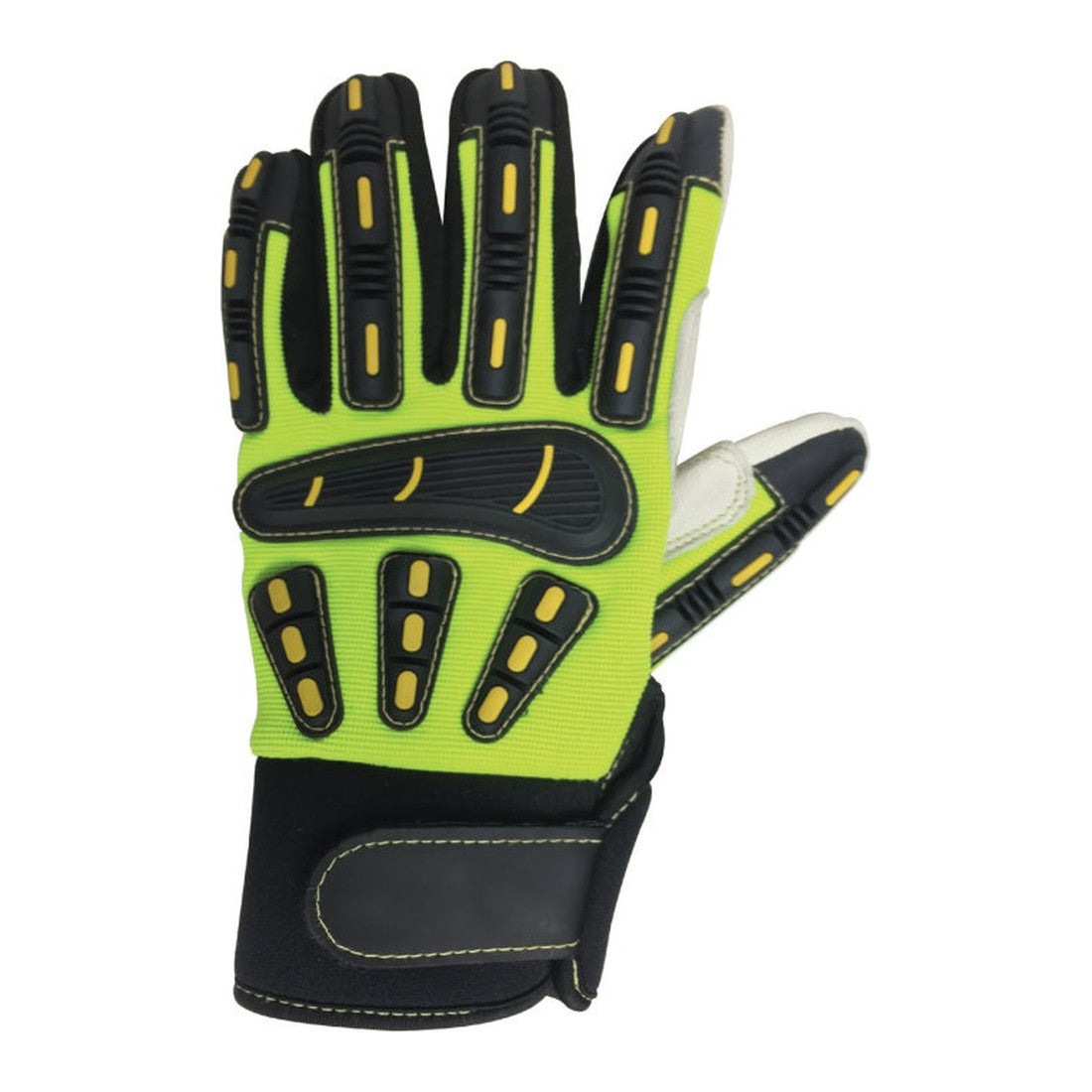 Hi viz yellow goatskin impact mechanic gloves with TPR guards and hook and loop cuff