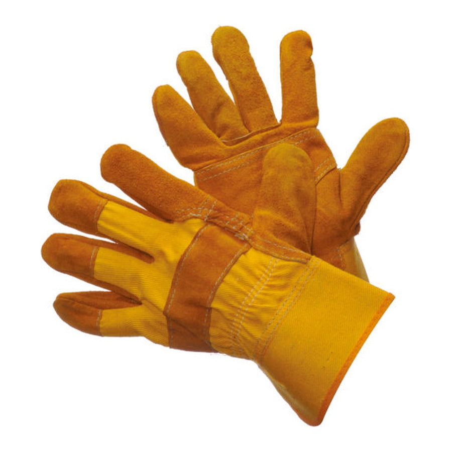 Golden yellow joint leather patch palm work gloves with rubberized cuff
