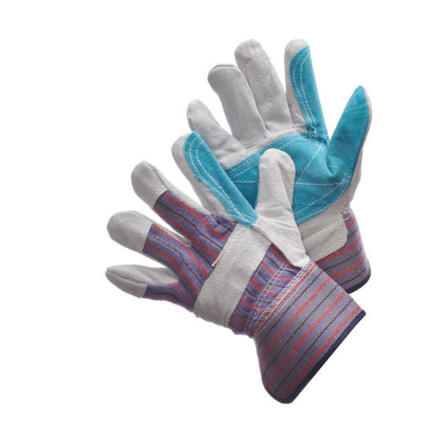 Double palm leather work gloves with rubberized safety cuff