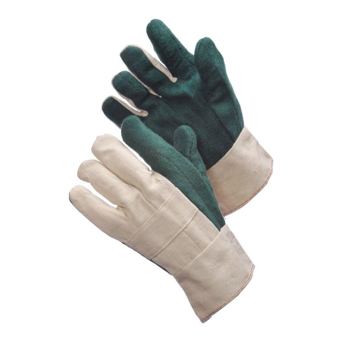 Green hot mill cotton gloves with burlap lining and knuckle strap