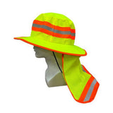Lime hi viz wide brim sun hat with reflective tape and neck flap