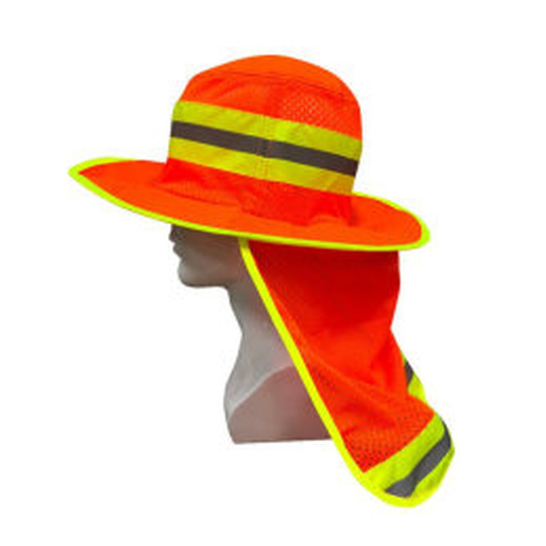Orange hi viz wide brim sun hat with reflective tape and neck flap