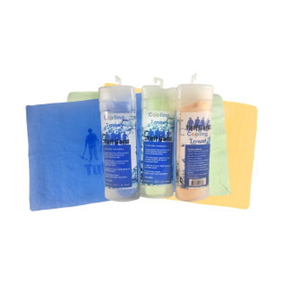 Instant cooling towels in blue, orange and lime