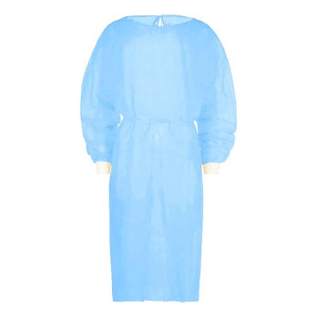 Blue disposable isolation gown with knit cuffs