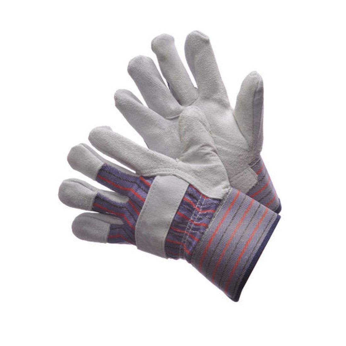 Leather palm work gloves with rubberized safety cuff and knuckle strap