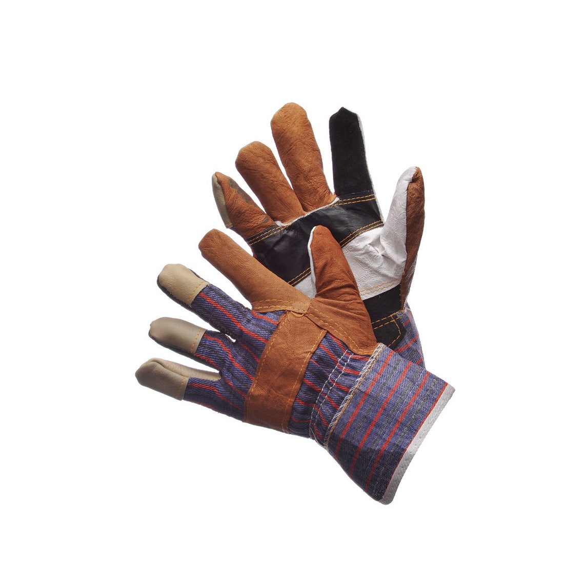 Multi color leather palm work gloves with starched canvas cuff