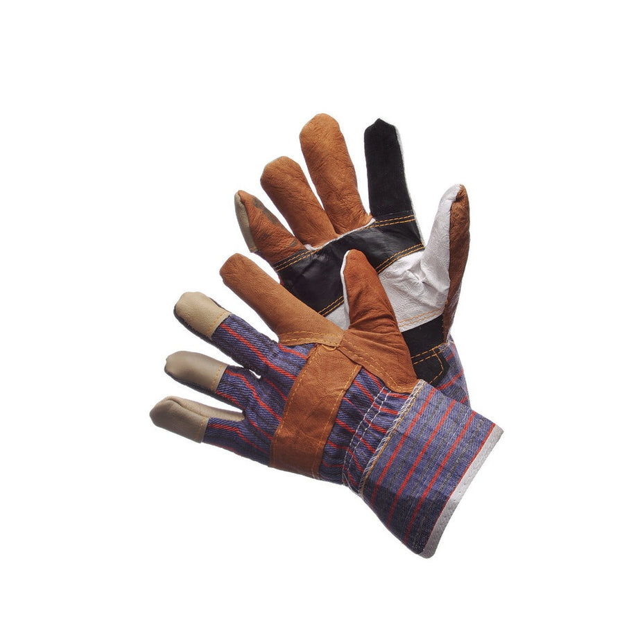 Multi color leather palm work gloves with starched canvas cuff