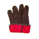 Inside view of the red fleece lining in the brown jersey glove