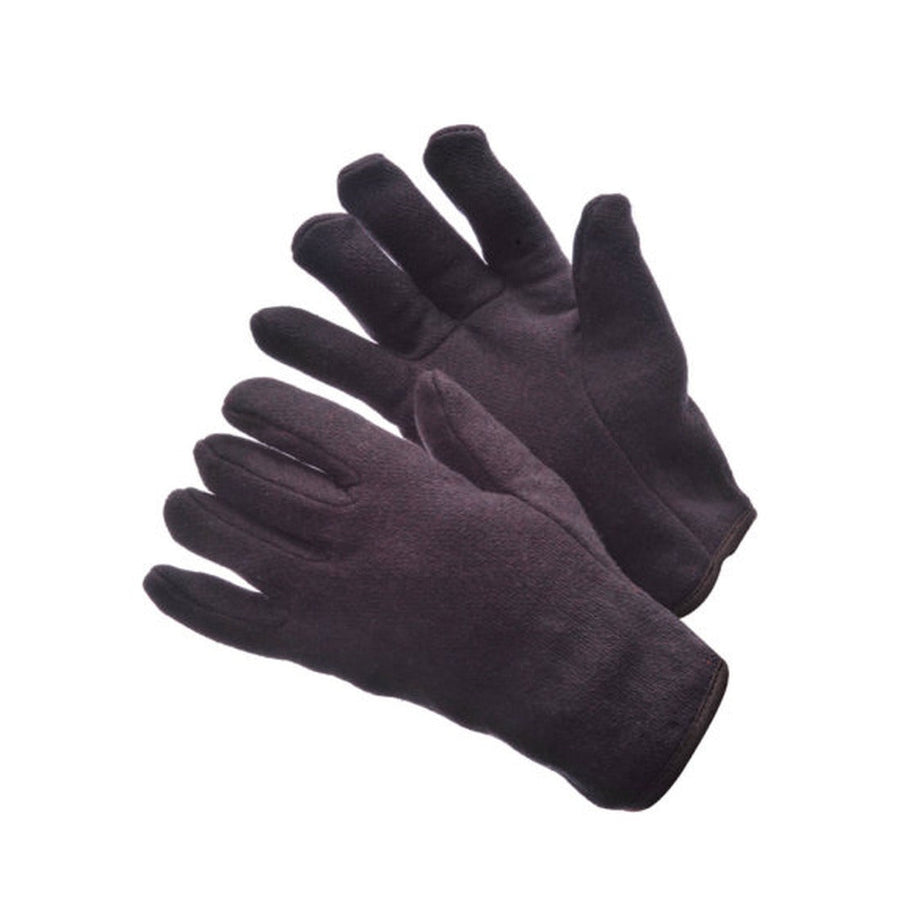 Lined brown jersey gloves with red fleece lining