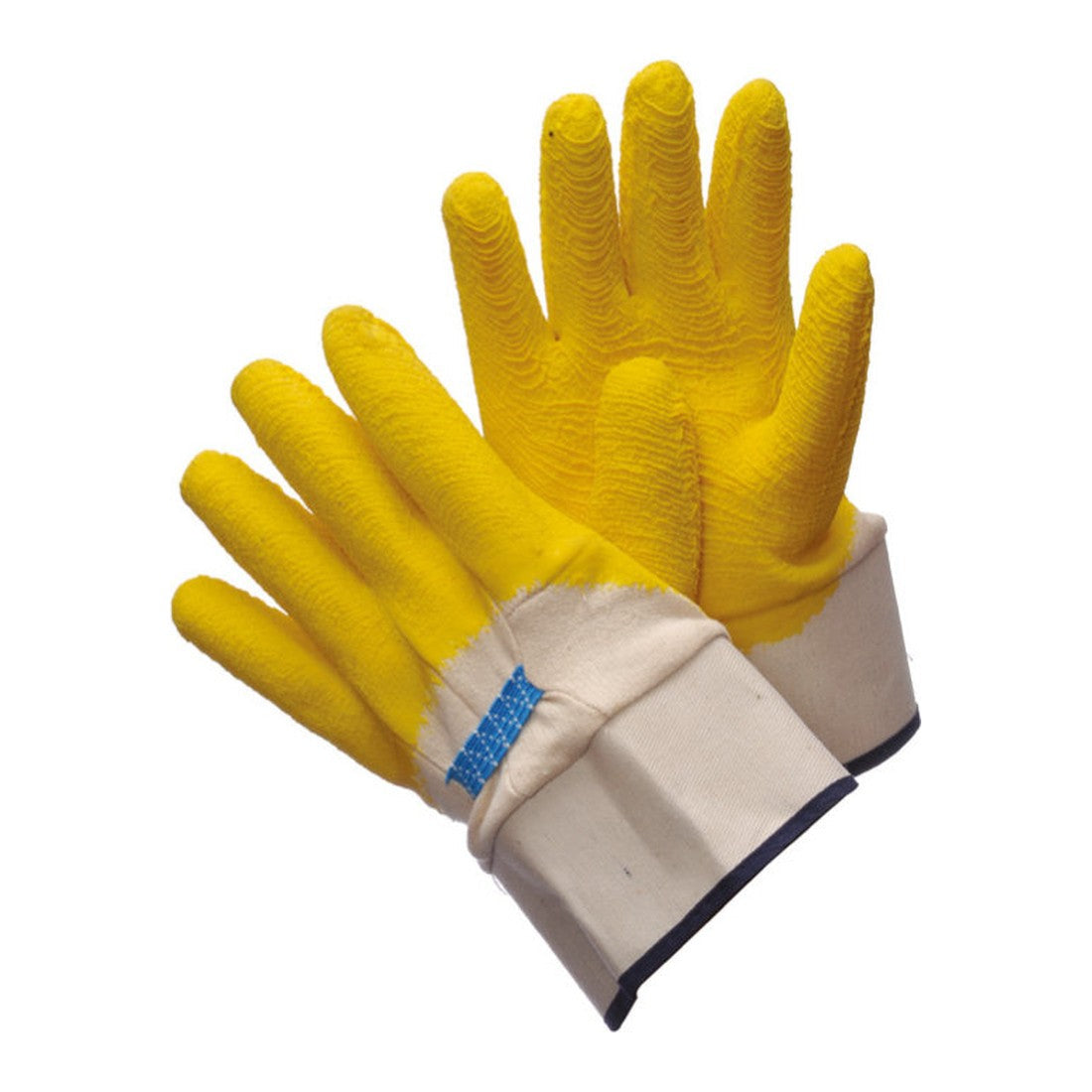 Yellow crinkle finish natural latex coated work gloves with safety cuff
