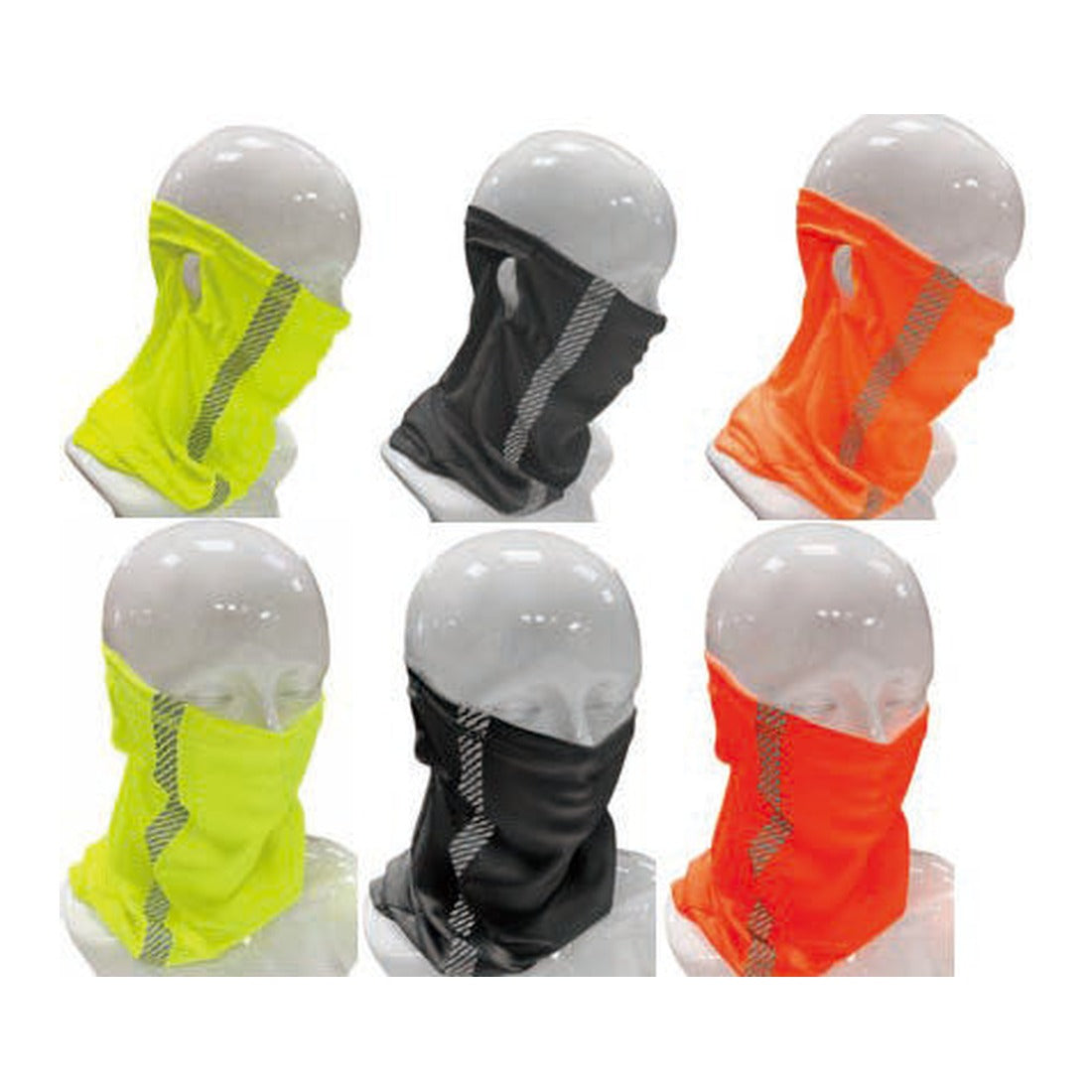 Reflective neck gaiters in hi viz green, black and hi viz orange