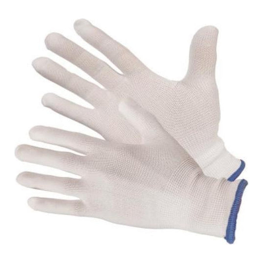 Bleach white 13 gauge nylon knit gloves with elastic knit wrist