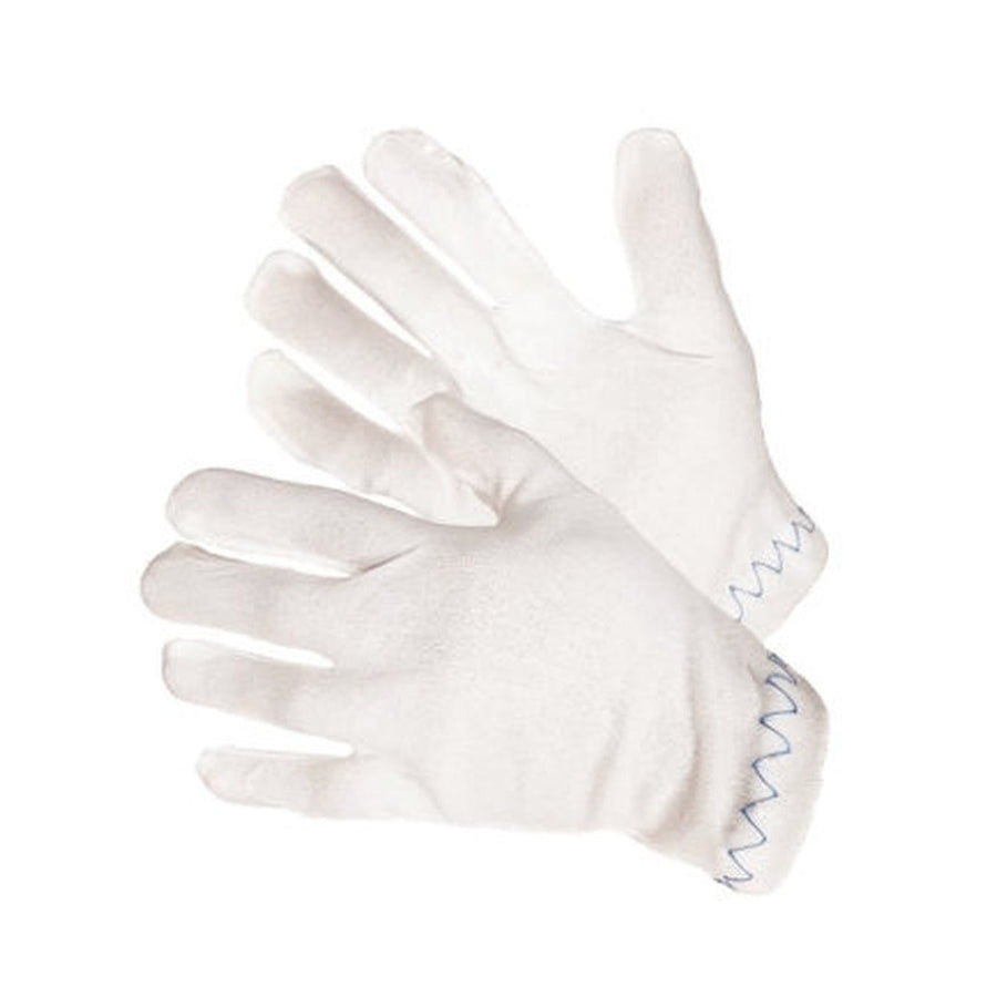 White stretchable nylon reversible gloves with color coded cuff