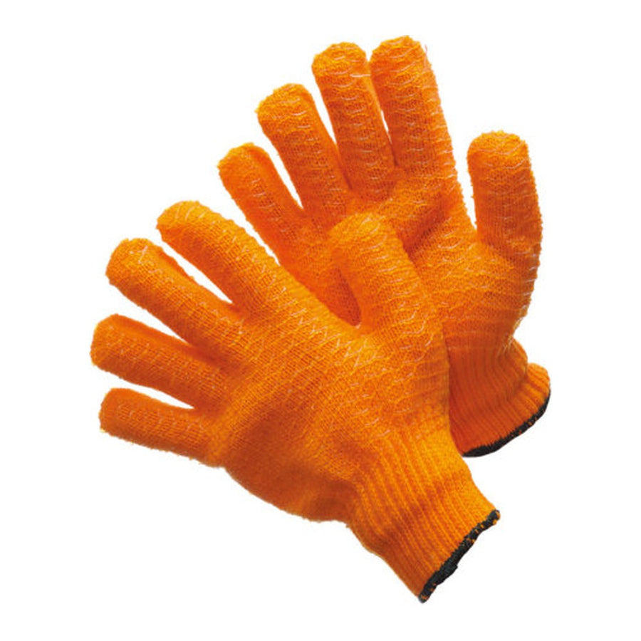Orange string knit gloves with honeycomb PVC coating
