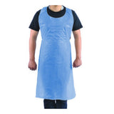 Man wearing a blue disposable polyethylene apron