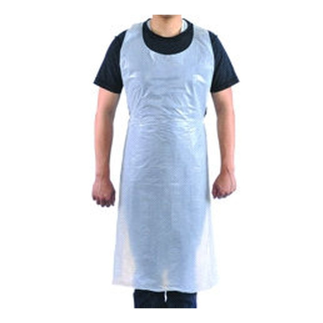 Man wearing a white disposable polyethylene apron