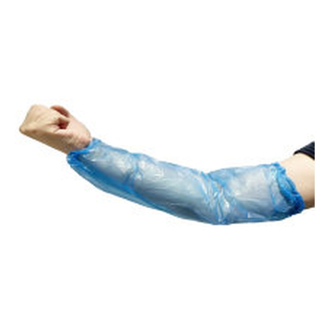 Blue disposable polyethylene sleeve cover on an arm