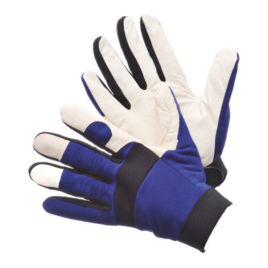 Pigskin palm mechanic gloves with blue spandex back and hook and loop closure