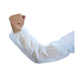 White coated disposable sleeve cover on an arm