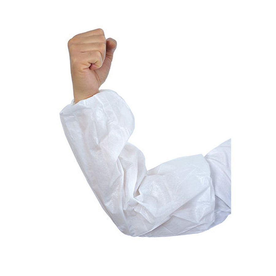 White disposable polypropylene sleeve cover on an arm