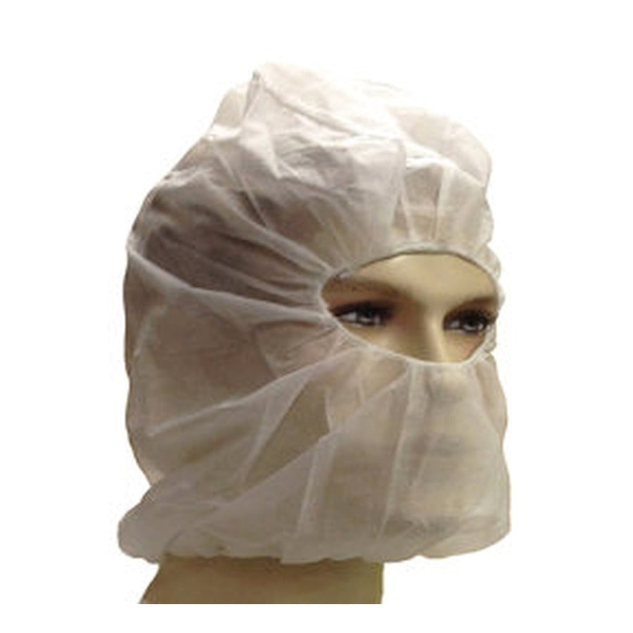 White disposable polypropylene hood with face cover